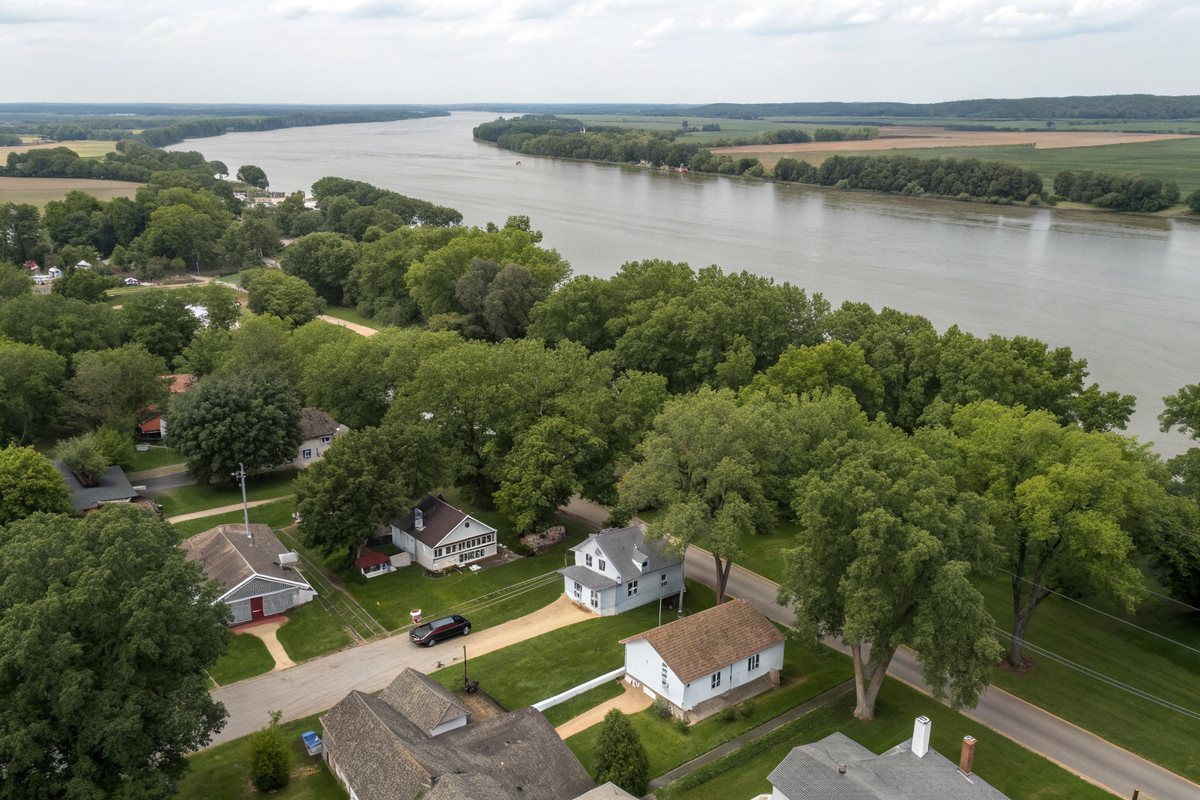Aerial view of older homes and big shade trees beside a wide river