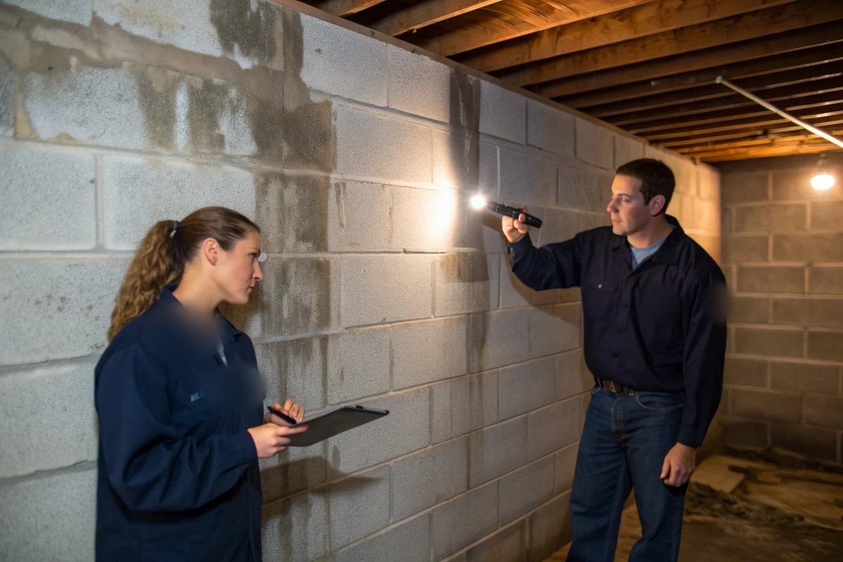 Two people with a flashlight looking at a water stain on a concrete block basement wall