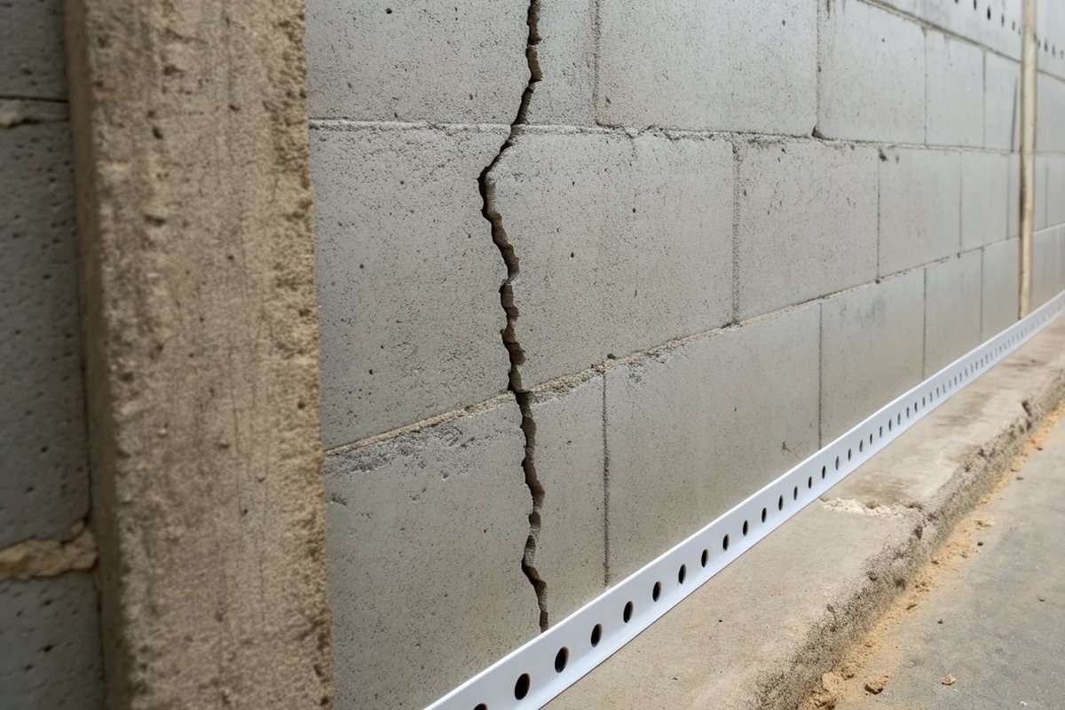 A long vertical crack running through a concrete block basement wall