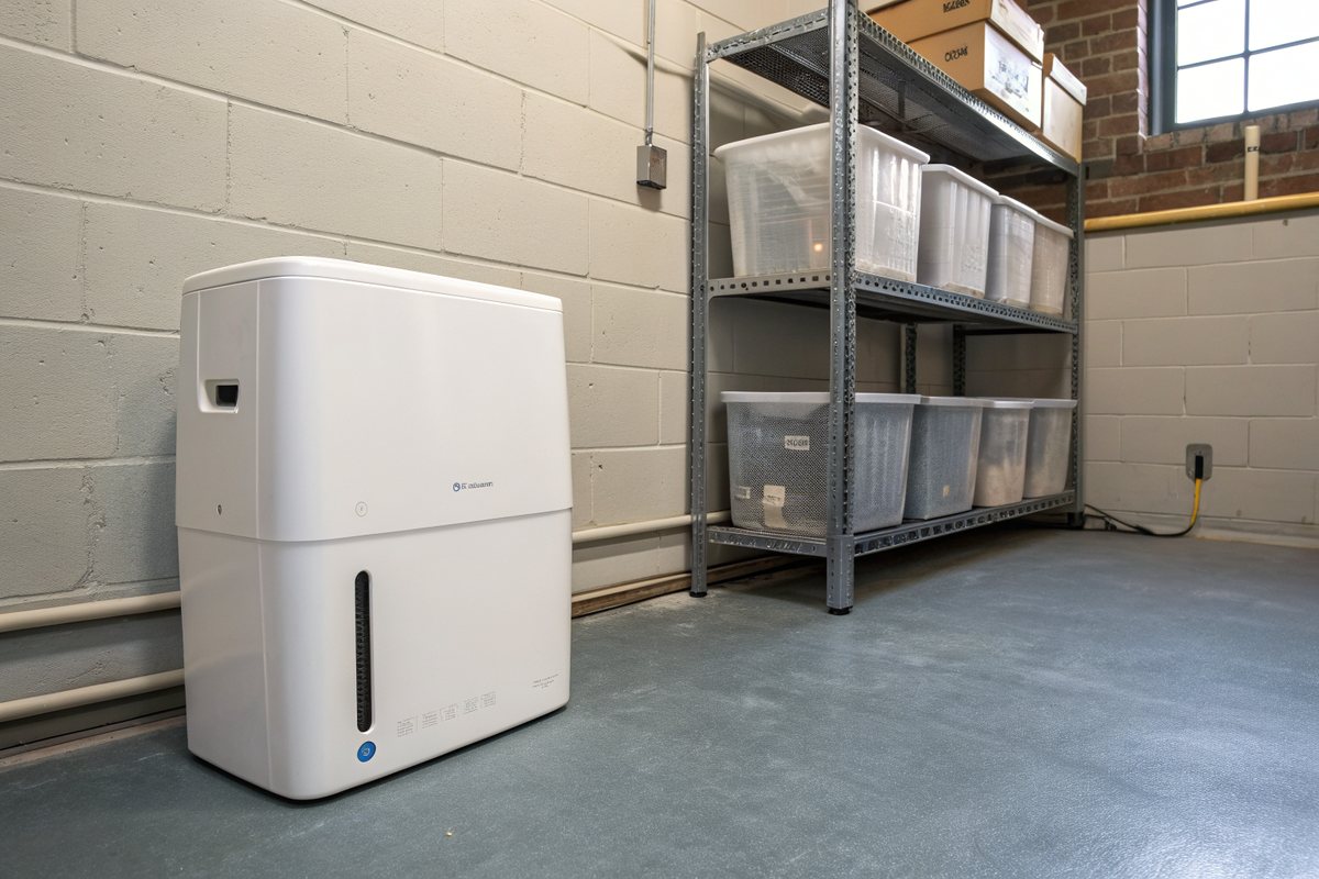 A white dehumidifier on a sealed basement floor beside metal shelves of storage bins