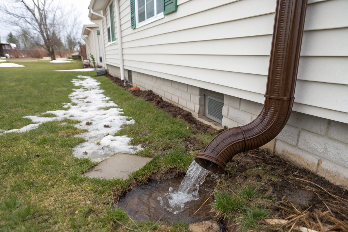 A brown downspout extension carrying meltwater away from a vinyl-sided house across a lawn with patches of snow