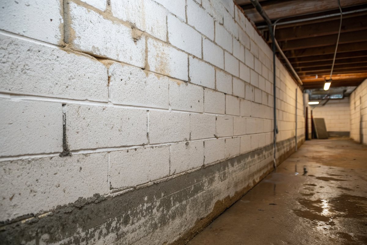White crusty efflorescence and a damp band along the bottom of an unpainted block basement wall