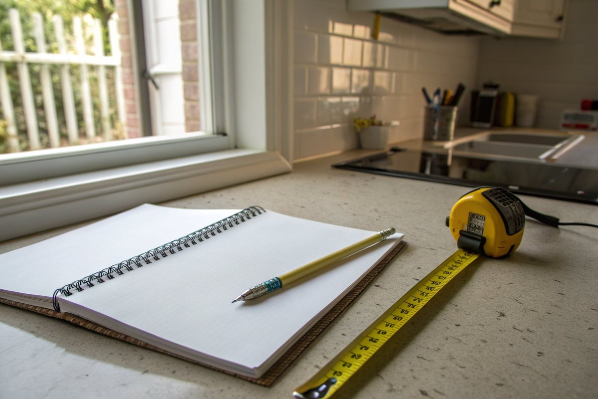A blank notepad, a pencil and a yellow tape measure on a kitchen counter