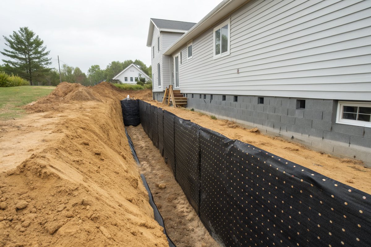 An open trench along a block foundation wrapped in black waterproofing and dimpled drainage board, with sandy soil piled beside it
