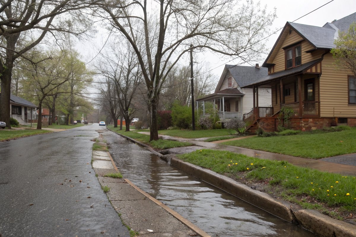 Rain running along the curb of a street of older wood houses into a storm drain