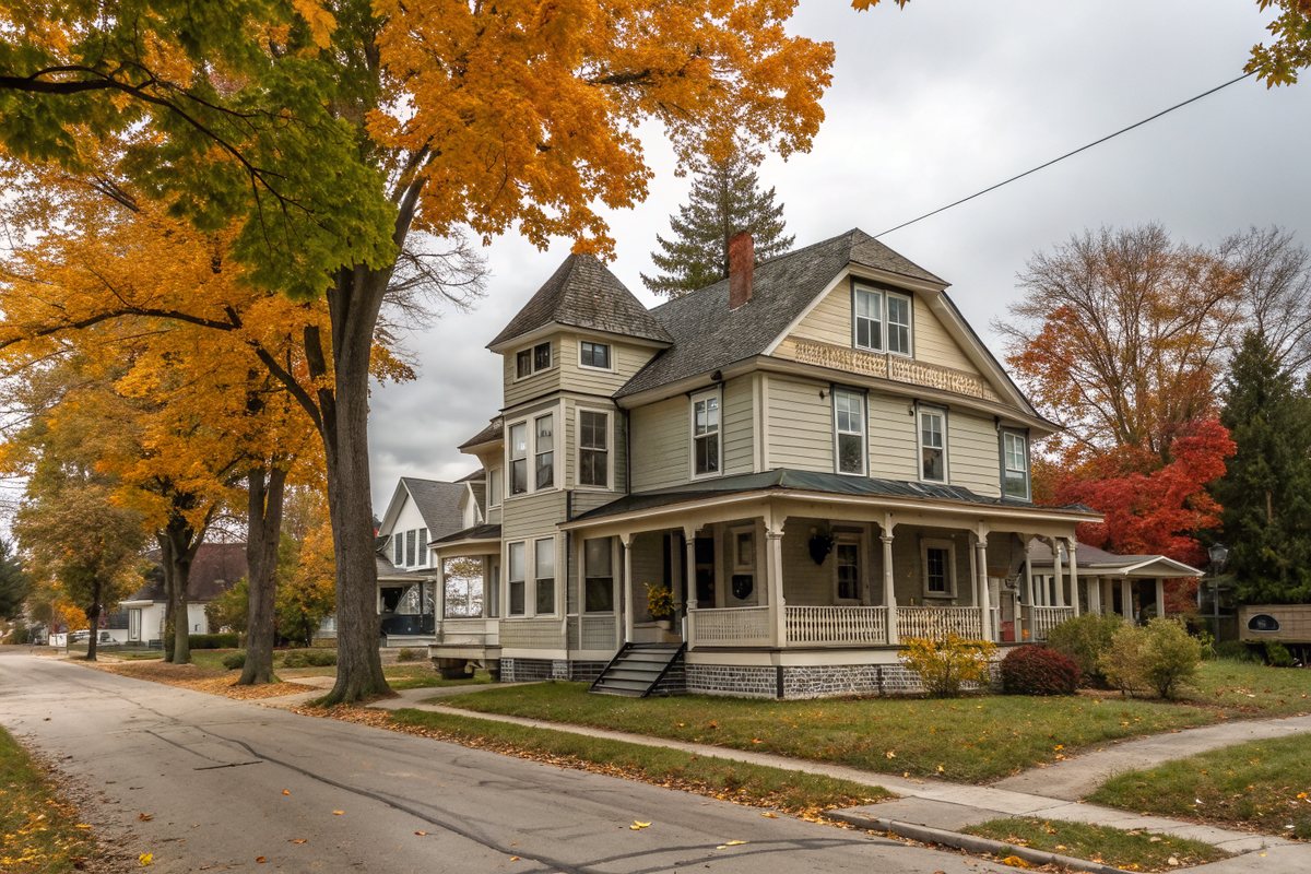 A two-story Victorian-era wood house with a wide porch and a fieldstone foundation with small basement windows
