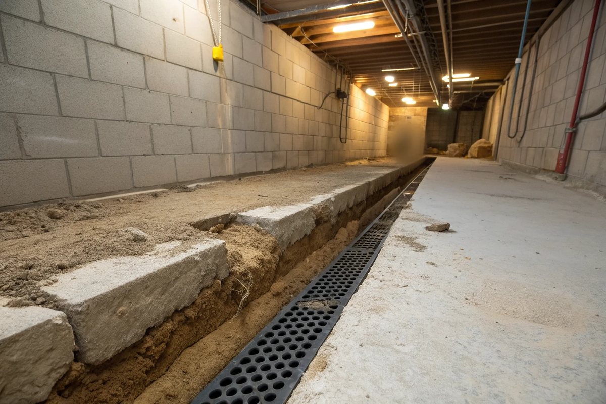 A trench cut along a block basement wall holding washed stone and a black drain channel