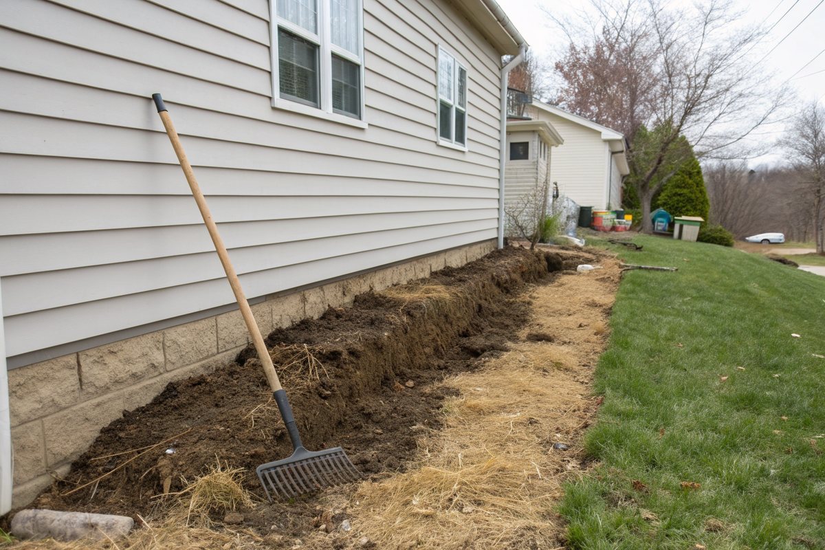 Fresh soil graded away from the foundation of a vinyl-sided house and covered with straw, with a rake against the wall
