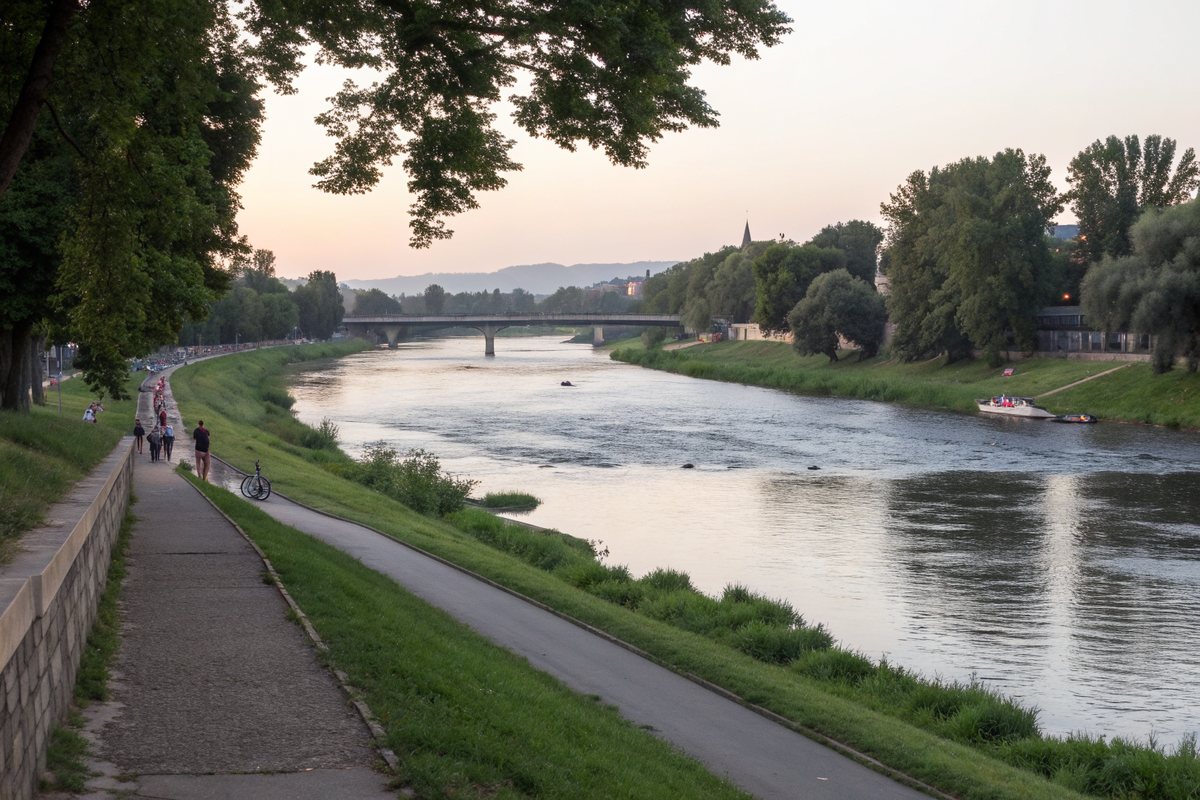 A riverside path along a wide river lined with trees in evening light