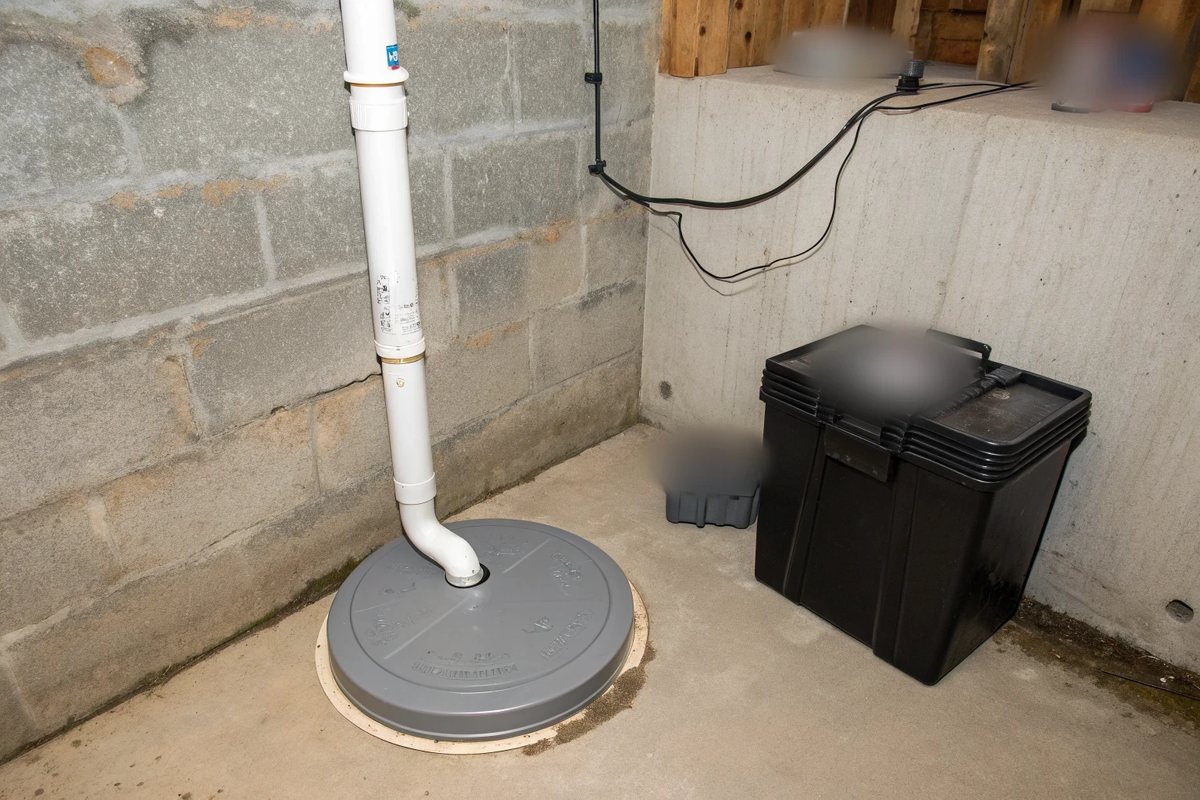 A sealed gray sump lid with a white discharge pipe and a black backup battery case in a basement corner