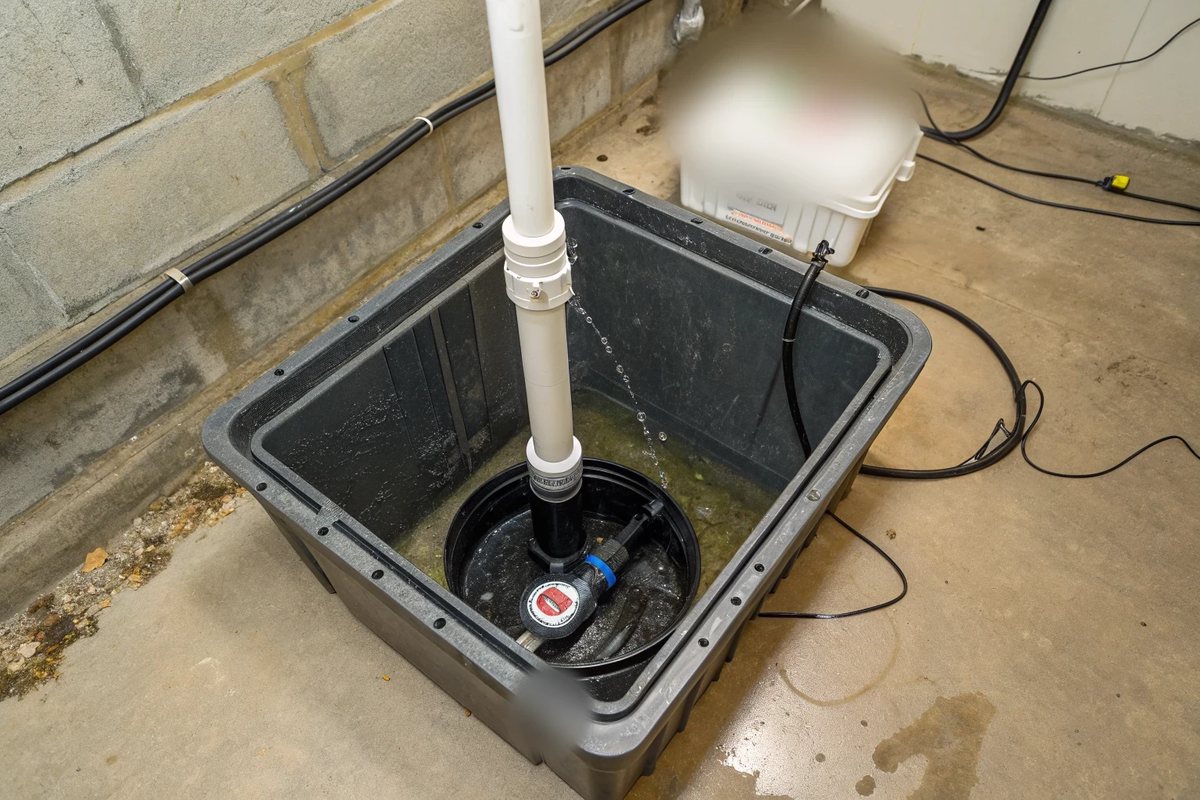 A submersible sump pump in a basin set into a basement floor with a white discharge pipe and check valve