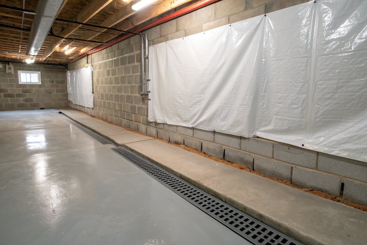 White plastic sheeting fastened along a block basement wall above a new floor drain channel