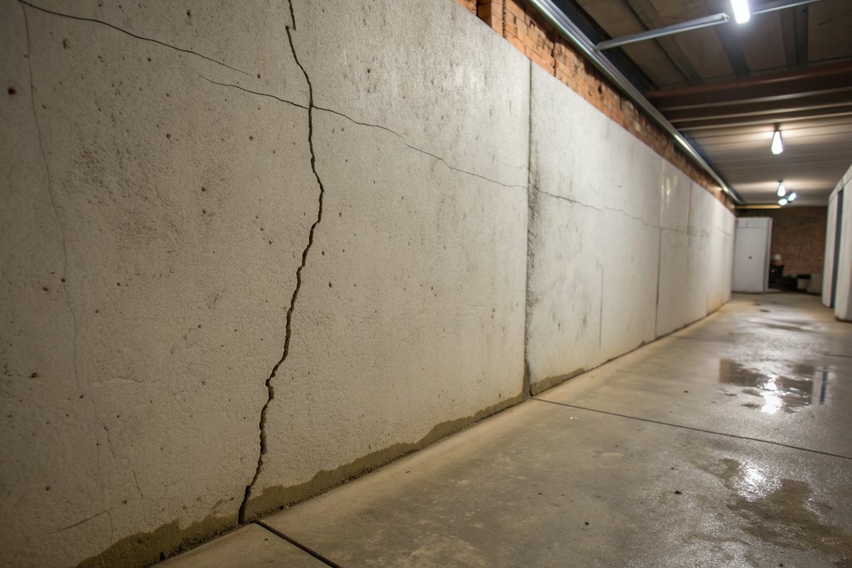 A thin vertical crack running down a poured concrete basement wall with a damp stain at its base