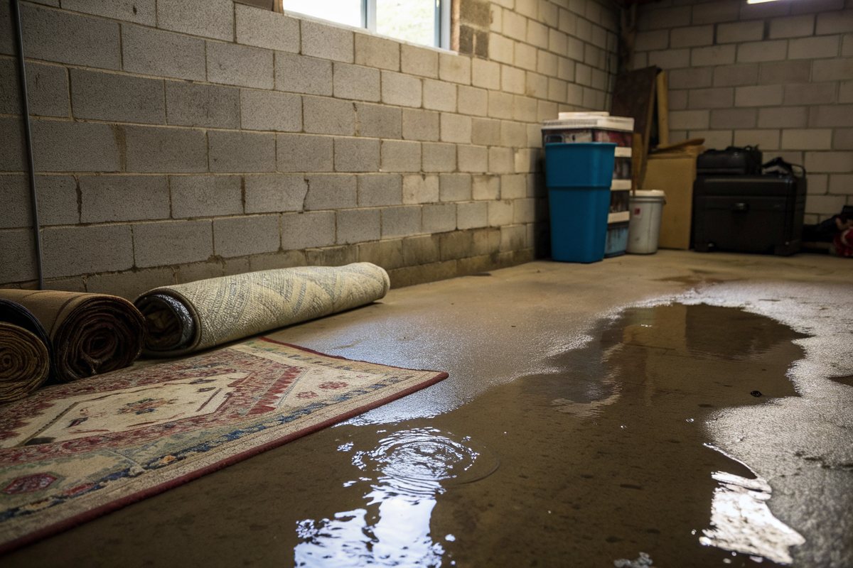 A shallow puddle spreading across an unfinished basement floor from the base of a block wall, with rolled rugs nearby