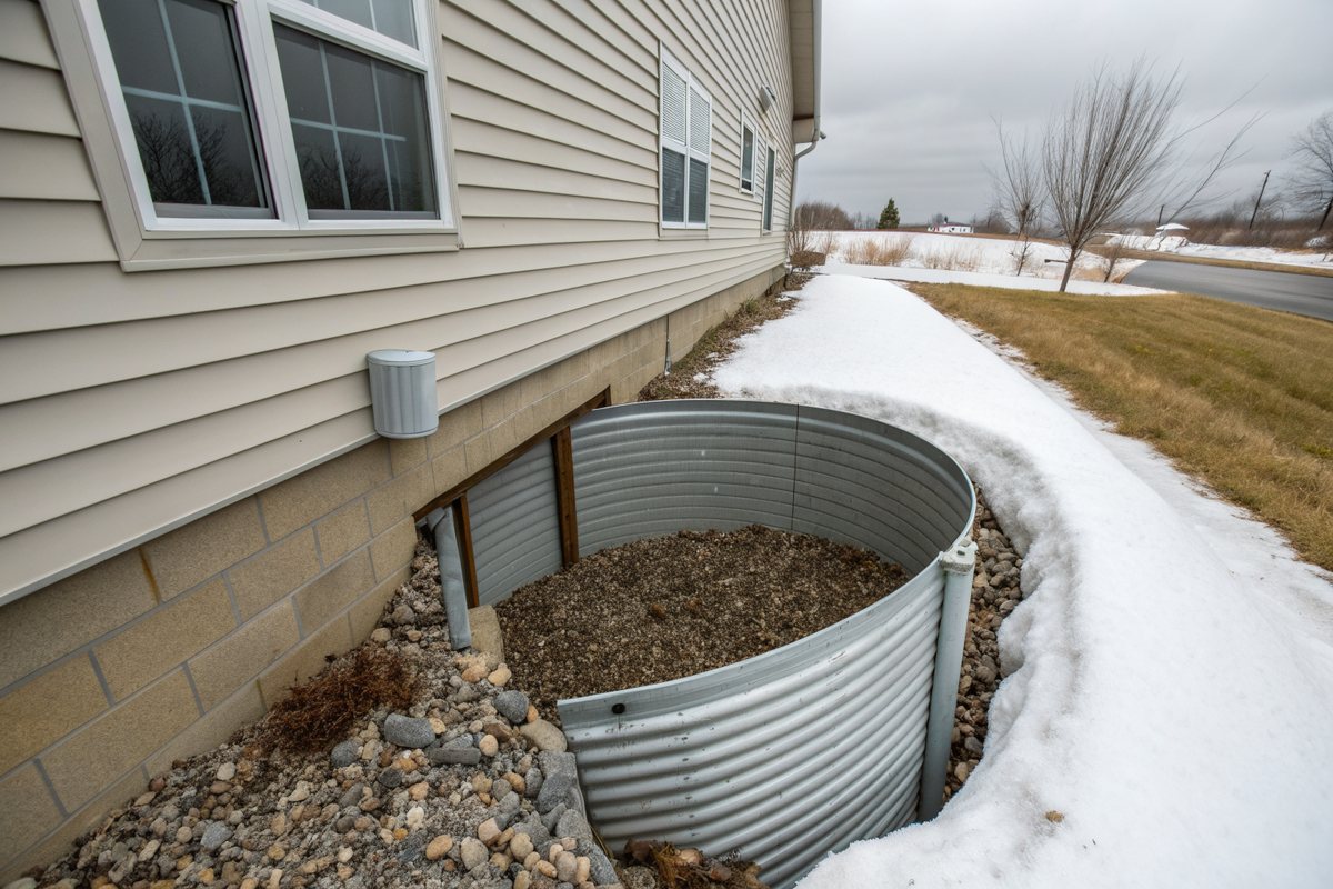 A corrugated metal egress window well with gravel at the bottom and snow around it beside a vinyl-sided house